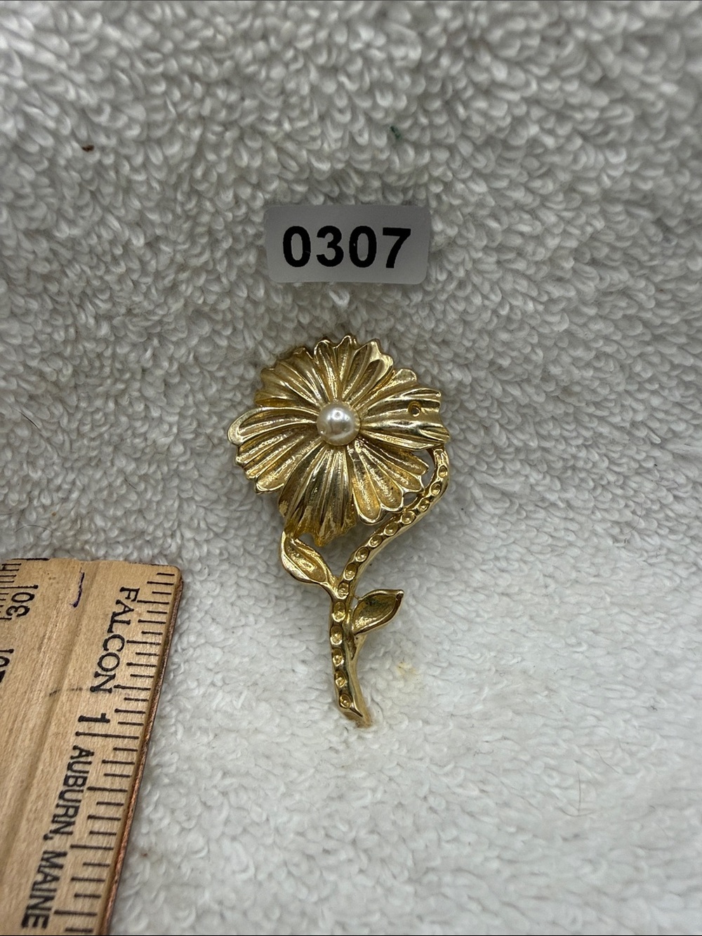 Gold Toned Flower Brooch with Pearl Accent -